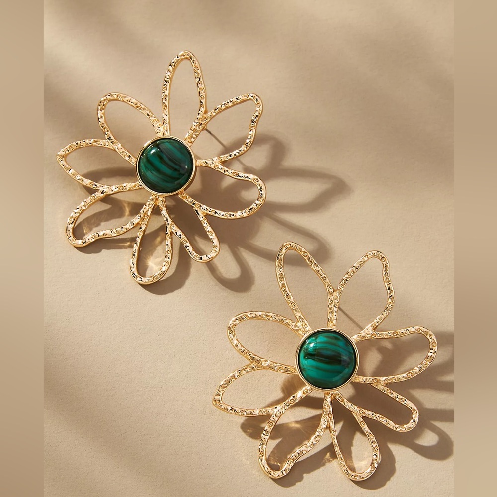 Anthropologie Gold Flower Earrings with Green Stone Center